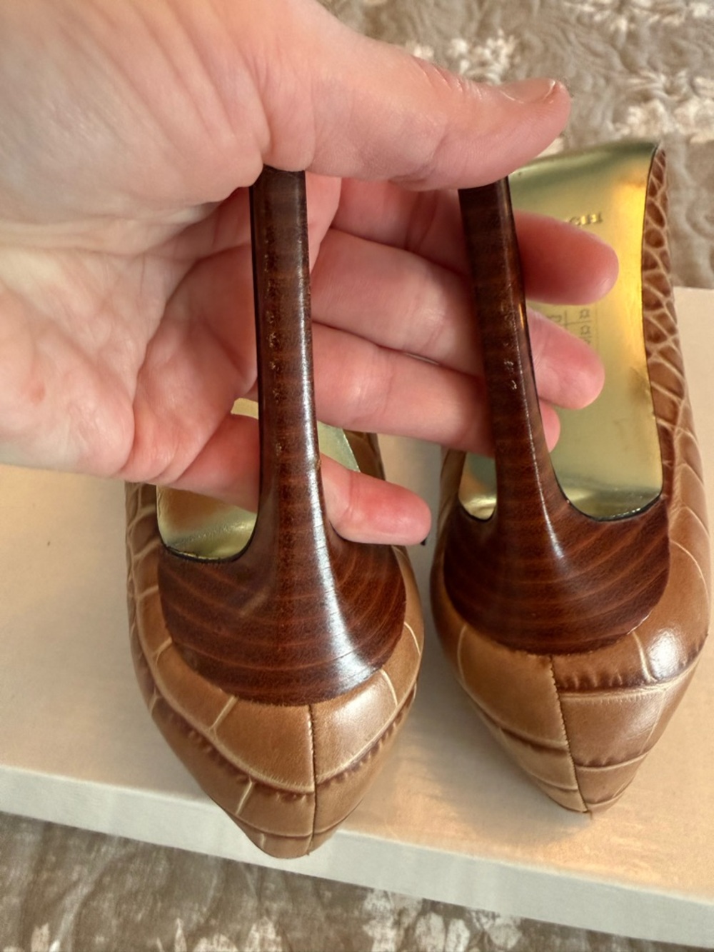 Coach Brown Croc-Embossed Pointed Toe Pumps with Gold Plate - Picture 11 of 12
